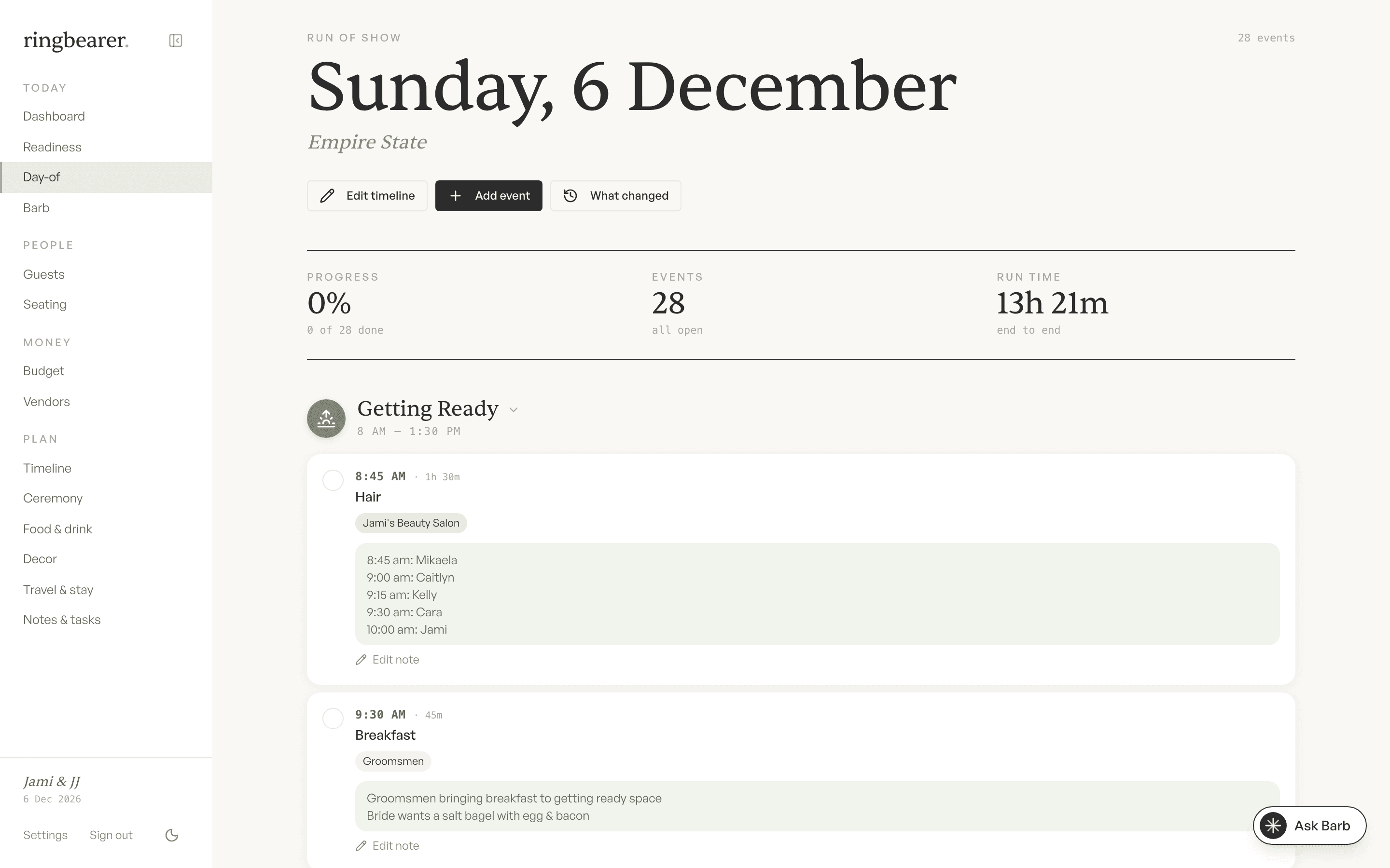 The day-of timeline: phases, timed events with owners and notes, and live progress