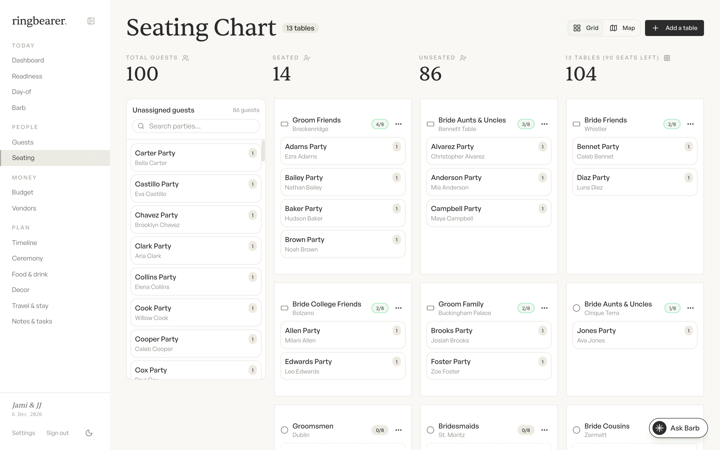 The seating chart: tables with assigned parties and the unassigned queue
